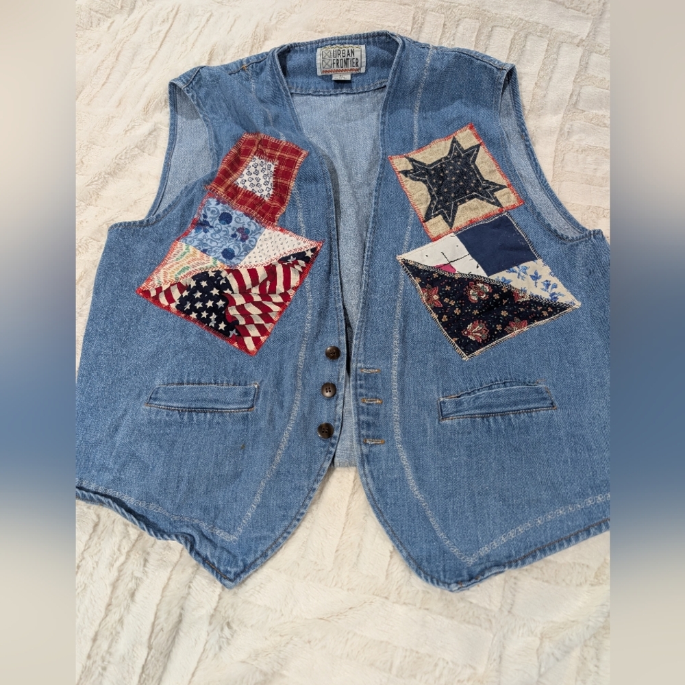 New Frontier Denim Patchwork Vest with Patriotic and Floral Appliqués